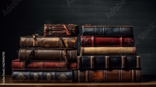 Lots of old leather-bound books in one stack on a dark background. Place for text. Design element, paper and leather texture. books close-up. education and training concept.Generative AI