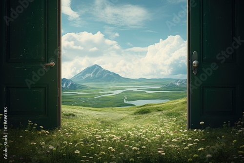 A door open to a field of flowers and mountains, with a lush green landscape beyond.