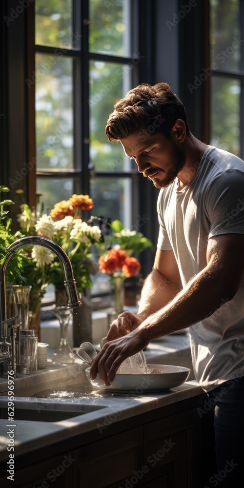 A man washes dishes in the kitchen. Generative AI A man washes dishes in the kitchen. Generative AI
