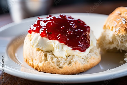 A freshly baked British scone with cream and red jam on a plate. photo