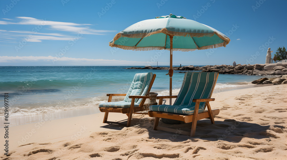 two loungers, one beach umbrella on white sand near sea water. Generative AI