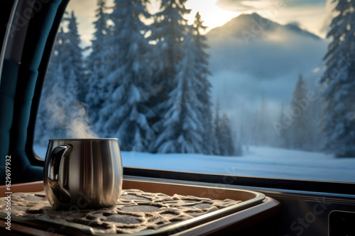 Steaming cup of coffee on the window sill of a campervan - Van Life and Slow living created with Generative AI technology