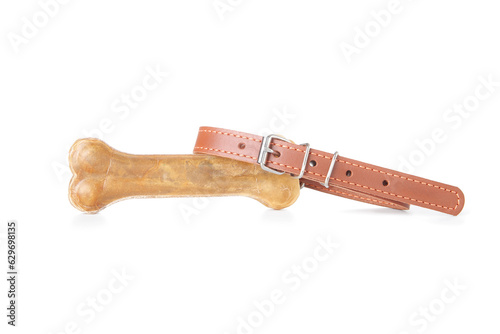 Leather pet collar and chew bone on white background