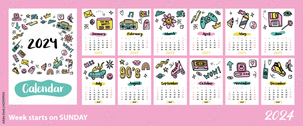 Fototapeta premium Calendar template for 2024. Vertical cute glider with funny girly doodles in the style of the 90s. Design for printing