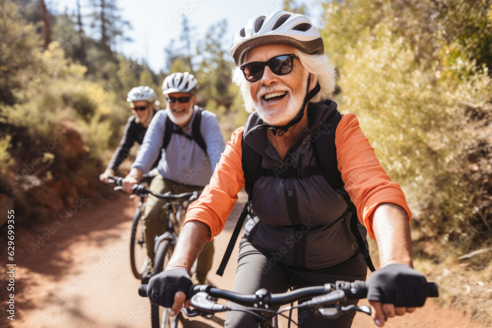 Small group of active seniors wearing cycling helmets riding bicycles on countryside.