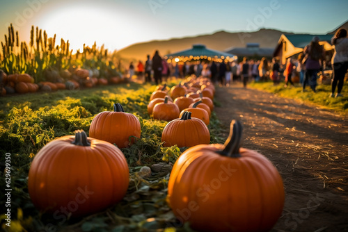 Fototapeta pumpkin patch farm fall autumn festival with people and stalls