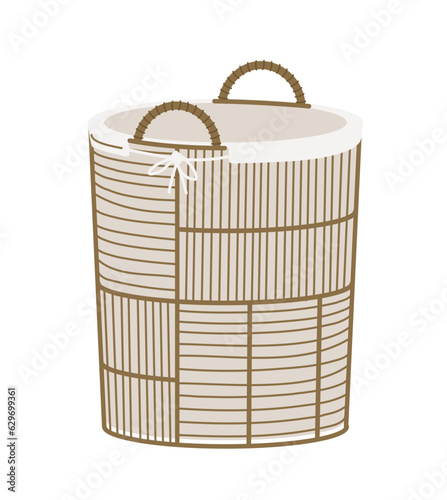 Wooden basket for home decoration concept. Wicker laundry box. Stylish picnic accessory made from dry straw. Template, layout and mock up. Cartoon flat vector illustration isolated on white background