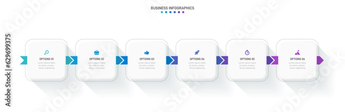 Timeline infographic with infochart. Modern presentation template with 6 spets for business process. Website template on white background for concept modern design. Horizontal layout.