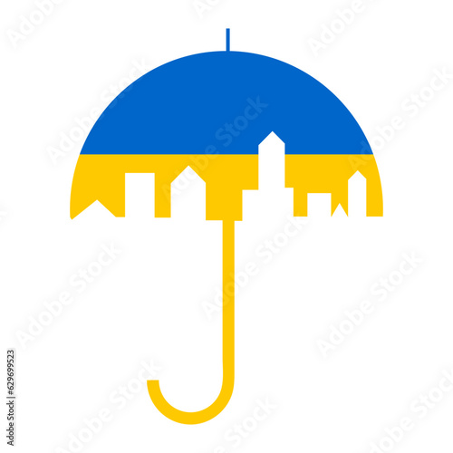 Yellow-blue Ukrainian umbrella with silhouettes of buildings and houses as defense of city or country or world
