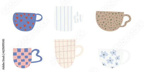 Tea coffee vintage cup. Modern mug decorated with design elements. Cute trendy crockery with handle for drink, ceremony party
