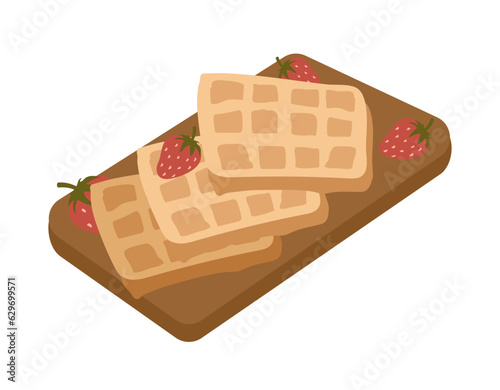 Summer waffles with strawberry concept. Dessert and delicacy on cutting board. Food for summer season, sweet snack. Cartoon flat vector illustration isolated on white background