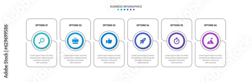 Timeline infographic with infochart. Modern presentation template with 6 spets for business process. Website template on white background for concept modern design. Horizontal layout.