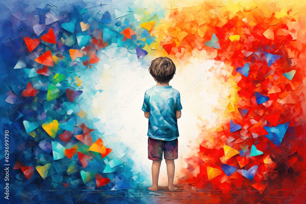 World autism awareness day concept. An autistic boy contemplating a colorful heart. Generative AI. - obrazy, fototapety, plakaty 