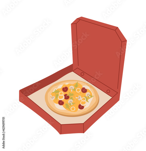 Pizza in red box concept. Fast and junk food, unhealthy eating in package. Delicious italian food for outdoor picnic. Cartoon flat vector illustration isolated on white background