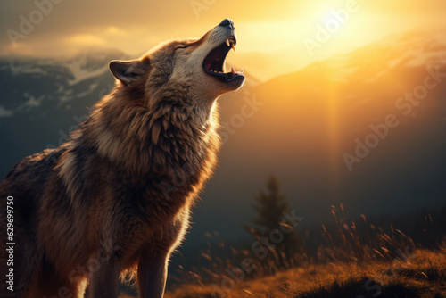 A wolf howling at the sunrise in the mountains. The sunrise is visible in the background with the sun peeking over the mountains