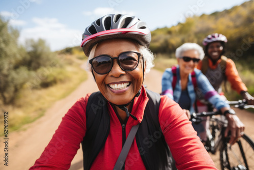Portrait of happy senior woman in cycling helmet riding outdoors. © Maria
