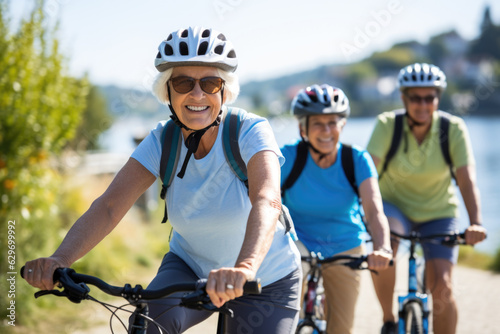Print op canvas Small group of happy elderly people wearing cycling helmets