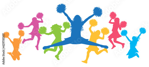 Cheerleading. Color silhouettes of jumping girls with pompoms, cheerleaders. Vector illustration