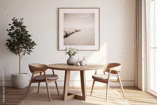 Simplistic dining room design featuring a circular wooden table, modern chairs, a simulated poster frame, a vase filled with dried flowers, decorative items, and personal accessories. This stylish photo
