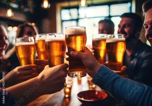 group of people cheering and drinking beer at bar pub table -Happy young friends enjoying happy hour at brewery restaurant-Youth culture-Life style food and beverage