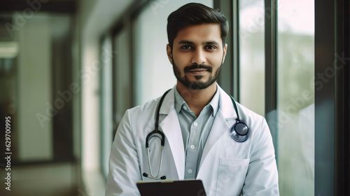 Attractive middle eastern male doctor with stethoscope at the medical clinic. Healthcare, treatment, medical staff concept. Generative Ai technology. © Irina