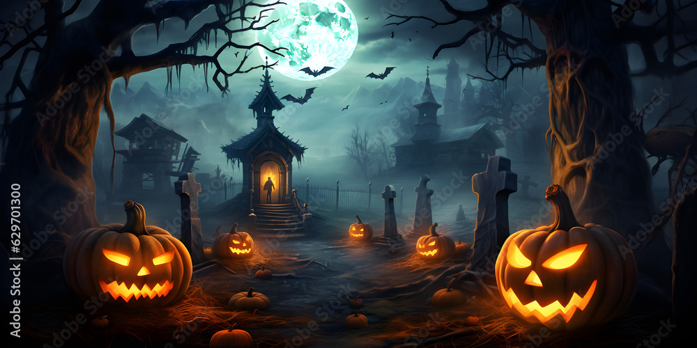 Halloween Night with Pumpkins, Bats, and a Spooky Castle in an Orange Autumn Moonlit Sky, Illustration for a Dark, Scary Holiday Celebration in October Halloween Night with Pumpkins, Bats, and a Spooky Castle in an Orange Autumn Moonlit Sky, Illustration for a Dark, Scary Holiday Celebration in October