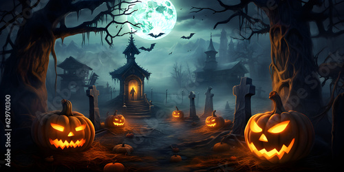 Halloween Night with Pumpkins, Bats, and a Spooky Castle in an Orange Autumn Moonlit Sky, Illustration for a Dark, Scary Holiday Celebration in October