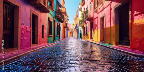 Rainbow Alleyway: A vibrant, cobblestone alleyway lined with colorful buildings in a sunny, tropical city. This image evokes feelings of wanderlust and cultural immersion. 