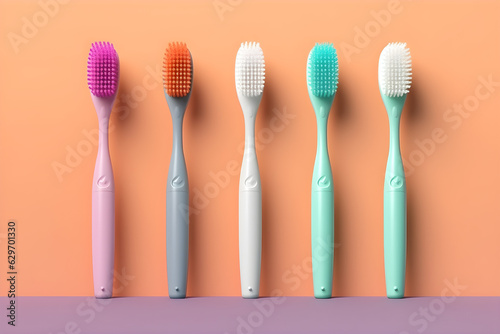 Realistic Plastic Blank Toothbrush Set on orange Background  Mockup. Dentistry  Healthcare  Hygiene Concept  Generative AI