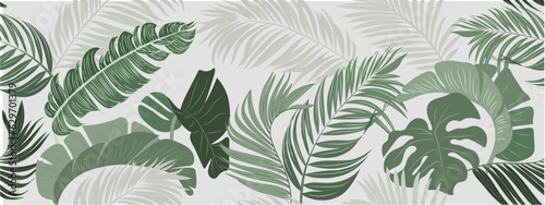 Botanical background. Tropical plant wallpaper with foliage, palm, leaves, monstera in hand drawn pattern. Green design for cover, prints, wall art, decorative.