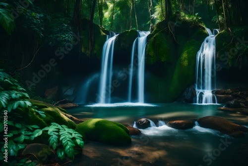  Capture the serenity of a hidden waterfall cascading over moss-covered rocks in a dense  sun-dappled forest. 
