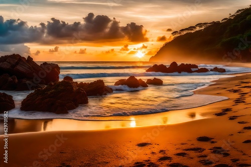 Golden hues cascade over the tranquil shoreline, painting the sky with a fiery blend of oranges and purples as the sun dips below the horizon, casting a serene glow upon the rippling waves.