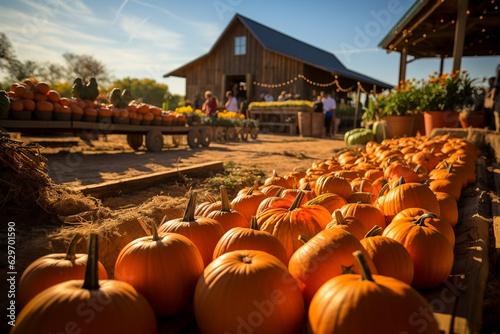 Fototapeta pumpkins on a pumpkin patch farm autumn fall festival with lights and people