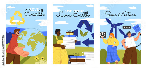 Caring for nature posters set. Save Earth, reduce release of waste into atmosphere. Activists and volunteers with alternative energy. Cartoon flat vector collection isolated on white background