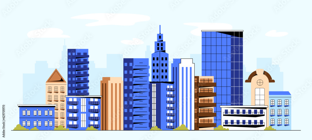 Urban cityscape concept. Landscape and beautiful panorama. Modern architecture and buildings, skyscrapers. View of modern downtown. Poster or banner. Cartoon flat vector illustration
