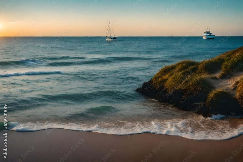 A serene horizon painted in warm hues, as the sun dips below the ocean's edge, casting a golden glow over the tranquil waves gently lapping against the sandy shore.