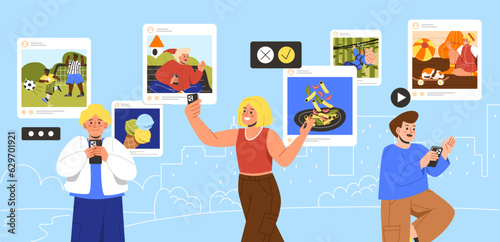 Children in social media concept. Boys and girls with smartphones. Schoolchildren communicate in social networks and instant messengers. Posts and photos. Cartoon flat vector illustration