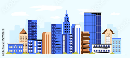 Urban cityscape concept. Landscape and beautiful panorama. Modern architecture and buildings  skyscrapers. View of modern downtown. Poster or banner. Cartoon flat vector illustration