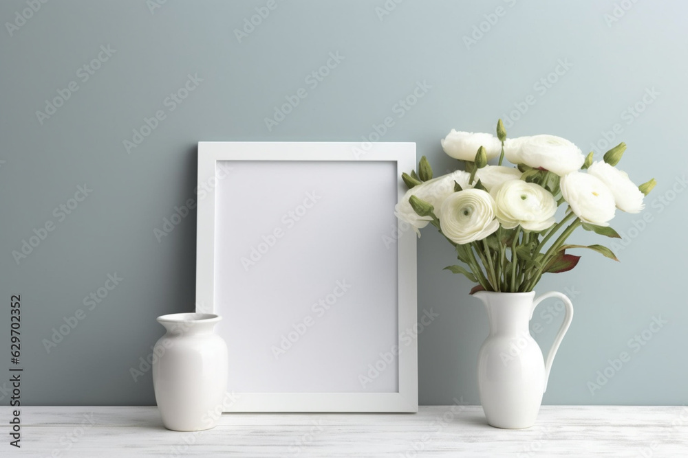 Blank white frame mockup with a runuculus flowers in vase, minimalistic style Blank white frame mockup with a runuculus flowers in vase, minimalistic style