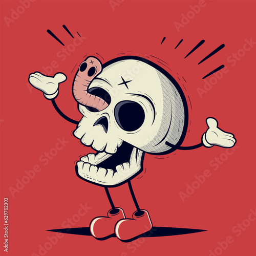 weird retro cartoon skull with a worm in the eye
