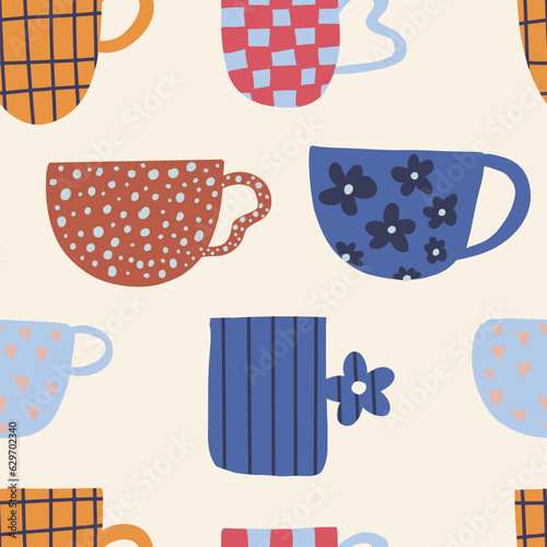 Tea coffee vintage cups pattern. Modern mug decorated with design elements. Wrapping and wallpaper design.