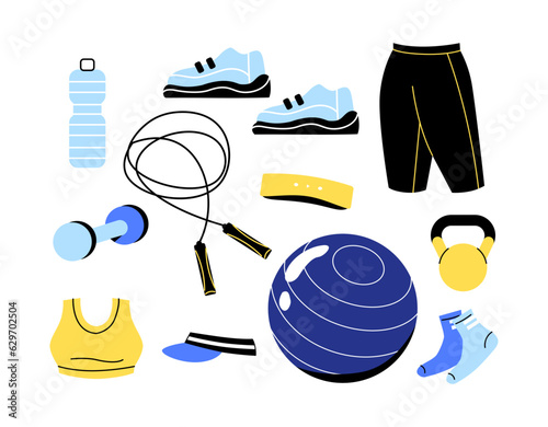 Fitness set accessories concept. Rope, pants and sneakers. Active lifestyle and sports, workout. Fitball and bottle with water. Cartoon flat vector collection isolated on white background