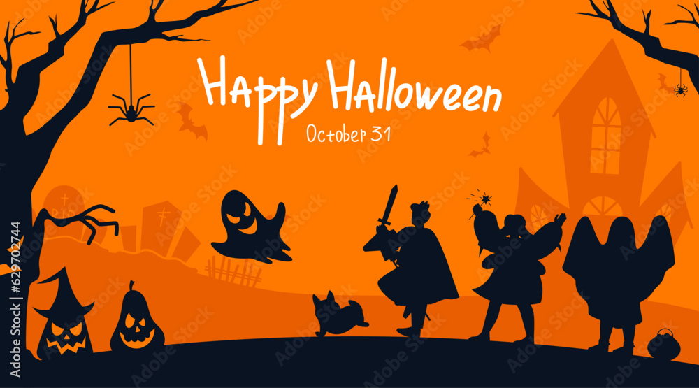 Happy halloween silhouette concept. Ghosts, spider and pumpkins on background of old scary castle. International holiday and festival of fear and horror. Cartoon flat vector illustration Happy halloween silhouette concept. Ghosts, spider and pumpkins on background of old scary castle. International holiday and festival of fear and horror. Cartoon flat vector illustration