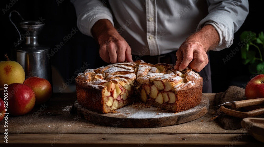 Baker slicing a Apple cake into slices