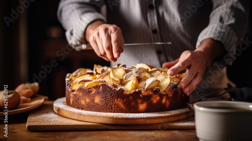 Baker slicing a Apple cake into slices