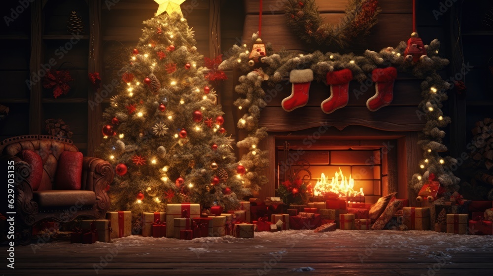 christmas tree in front of a fireplace