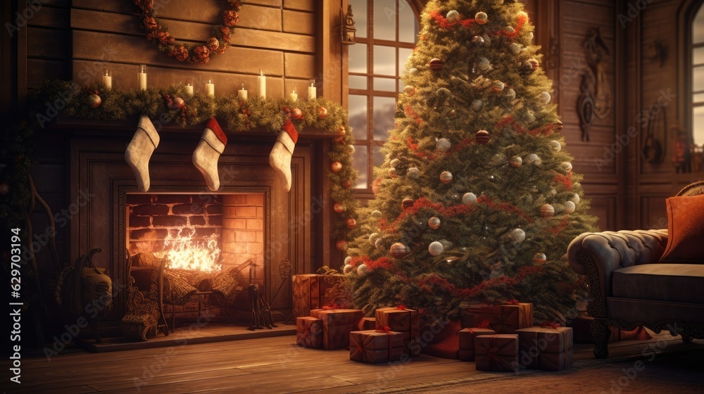 christmas tree in front of fireplace christmas tree in front of fireplace