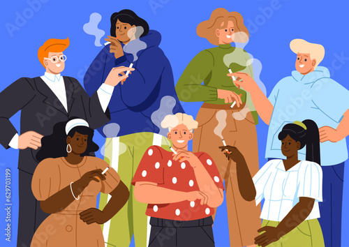 People with nicotine addiction concept. Men and women with cigarettes. Bad habbits and negative emmotions, unhealthy lifestyle. Teenagers with tobacco. Cartoon flat vector illustration