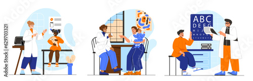 Set of scenes from pediatric room. Parents with children in doctors office. Diagnosis, health care and treatment. Poster or banner. Cartoon flat vector collection isolated on white background
