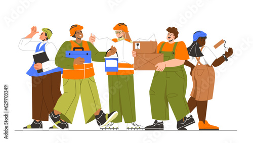 People construction team concept. Men and women in uniform with boxes and protective helmets. Construction and engineering. Cartoon flat vector illustration isolated on white background